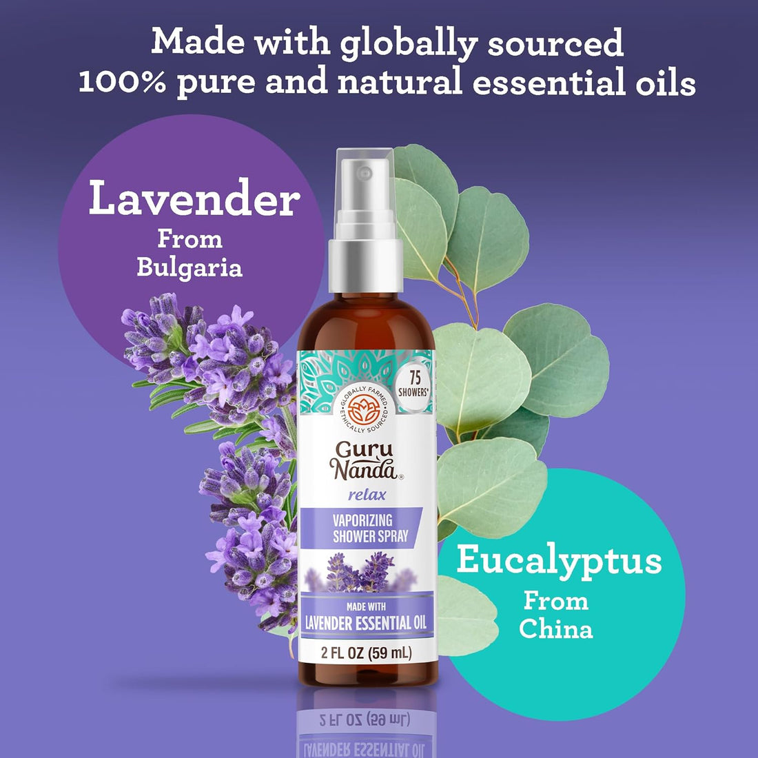 Gurunanda Relax Vaporizing Shower Spray, Natural Spa Mist &amp; Room Spray with Lavender &amp; Eucalyptus to Help with Stress Relief &amp; Congestion Aid, 2 Fl Oz