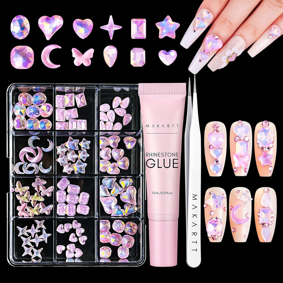 Makartt Nail Charms Rhinestone Glue Kit, 15Ml Gel with 100PCS Pink Rhinestones Gems 3D Decor with Tweezer Acrylic Supply for Nails Techs