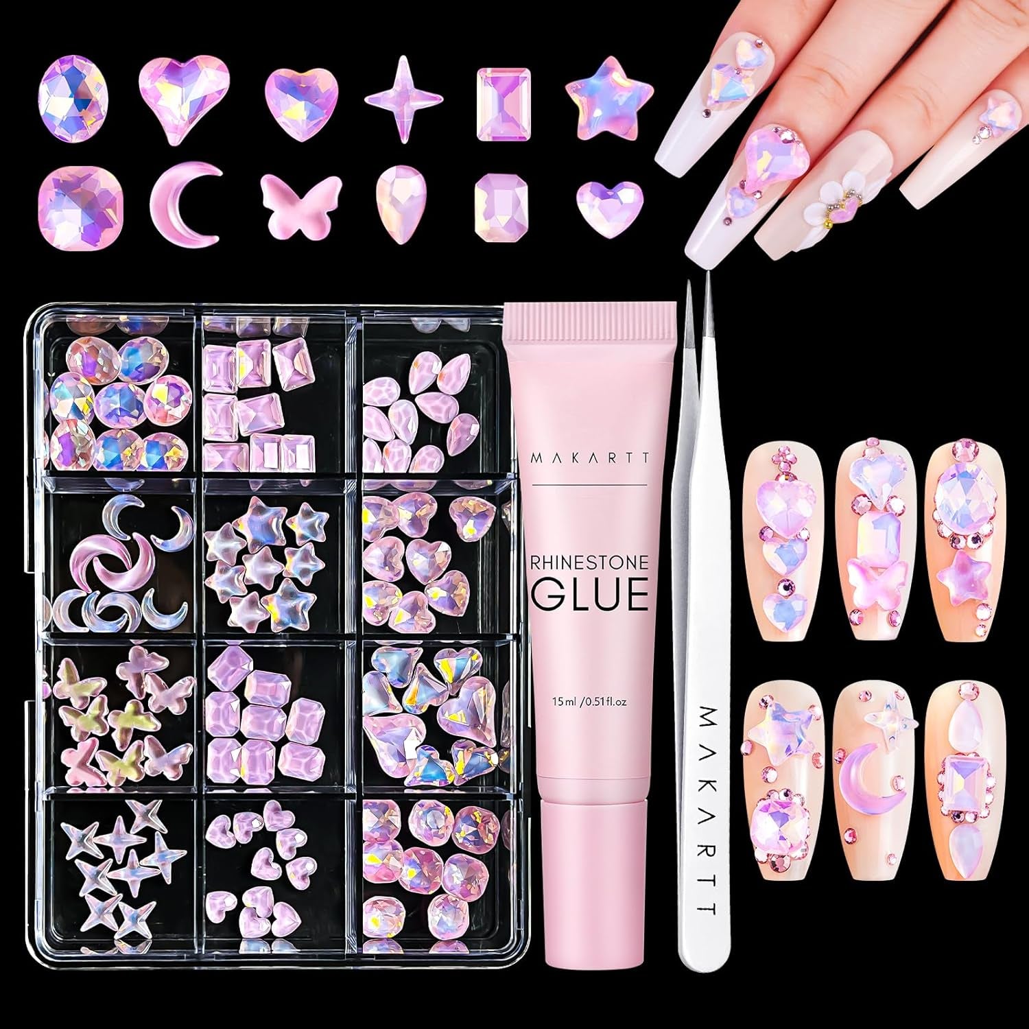 Makartt Nail Charms Rhinestone Glue Kit, 15Ml Gel with 100PCS Pink Rhinestones Gems 3D Decor with Tweezer Acrylic Supply for Nails Techs