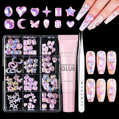 Makartt Nail Charms Rhinestone Glue Kit, 15Ml Gel with 100PCS Pink Rhinestones Gems 3D Decor with Tweezer Acrylic Supply for Nails Techs