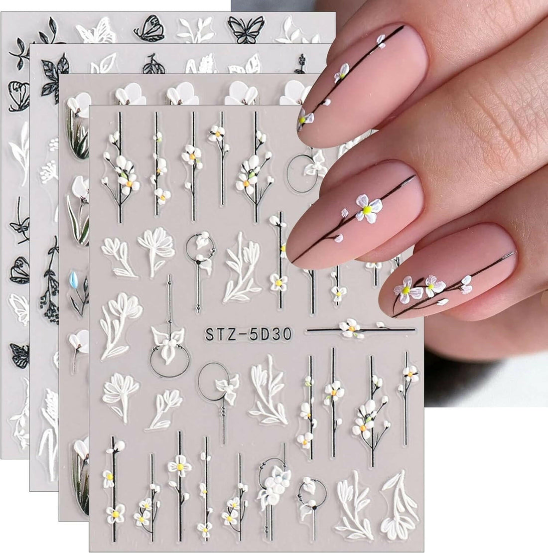 3D Embossed Floral Nail Stickers - 4 Sheets - Glow Pure