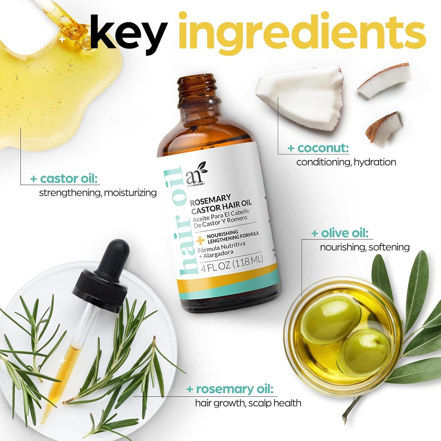 Artnaturals Organic Rosemary &amp; Castor Hair Growth Oil + Scalp Massager Set – Hair Styling Oils for Dry, Itchy Scalp, Thickening &amp; Hydration - Scalp Oil Products for Damaged Hair &amp; Split Ends – 4.0 Oz