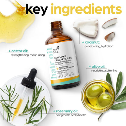 Artnaturals Organic Rosemary &amp; Castor Hair Growth Oil + Scalp Massager Set – Hair Styling Oils for Dry, Itchy Scalp, Thickening &amp; Hydration - Scalp Oil Products for Damaged Hair &amp; Split Ends – 4.0 Oz