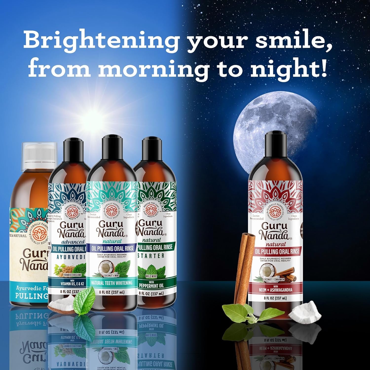 Gurunanda Starter Pulling Oil Mouthwash for Natural Teeth Whitening, Coconut and Peppermint Oil for Fresh Breath &amp; Happy Gums, Alcohol-Free, 8 Oz