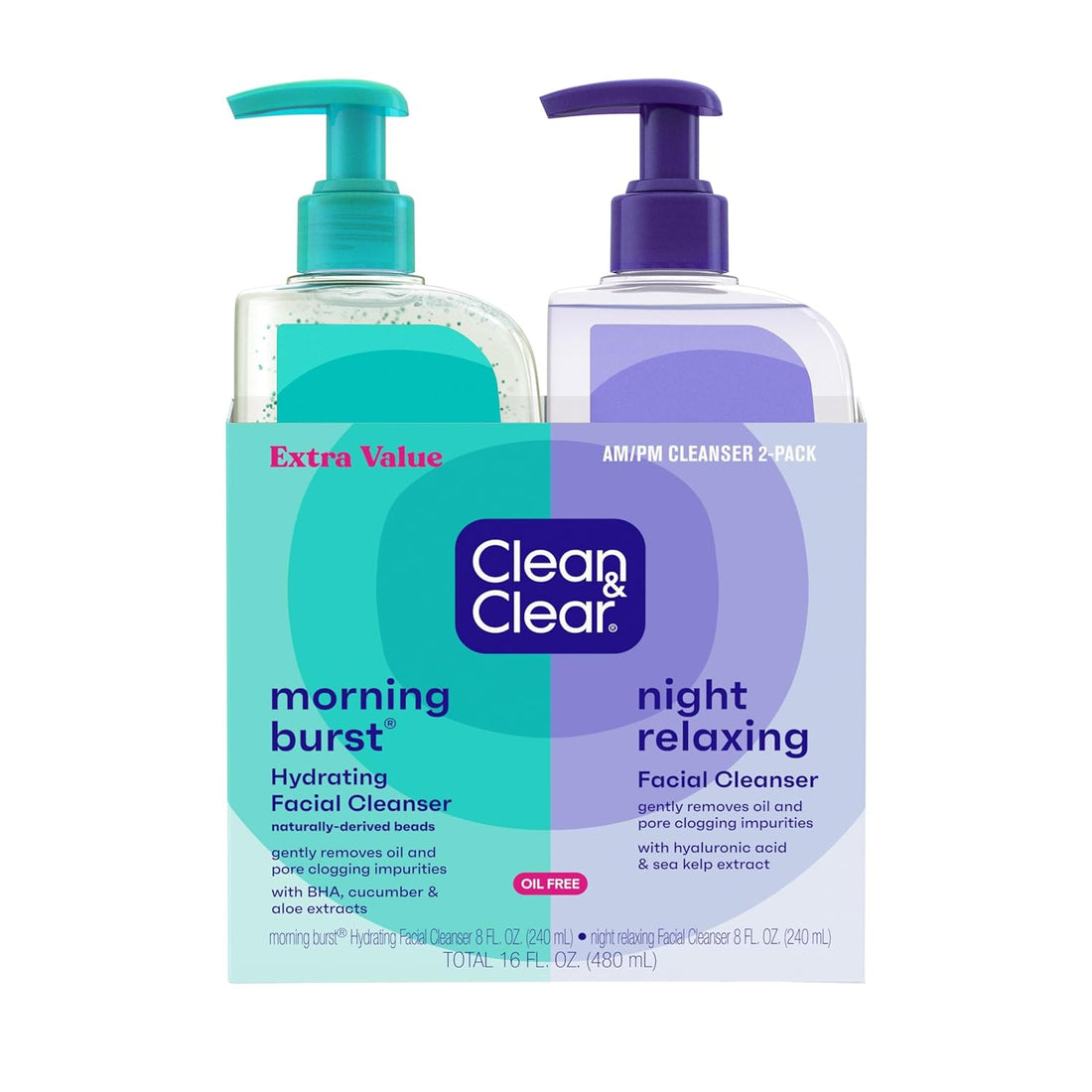 Clean &amp; Clear 2-Pack Day &amp; Night Daily Face Cleansers, Morning Burst Hydrating Facial Cleanser &amp; Night Relaxing Deep Cleansing Face Wash, Oil-Free &amp; Won&