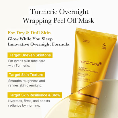 Medicube Glass Skin Refining Duo at Night: Deep Vitamin C Golden Capsule Face Moisturizer and Turmeric Overnight Wrapping Peel off Mask