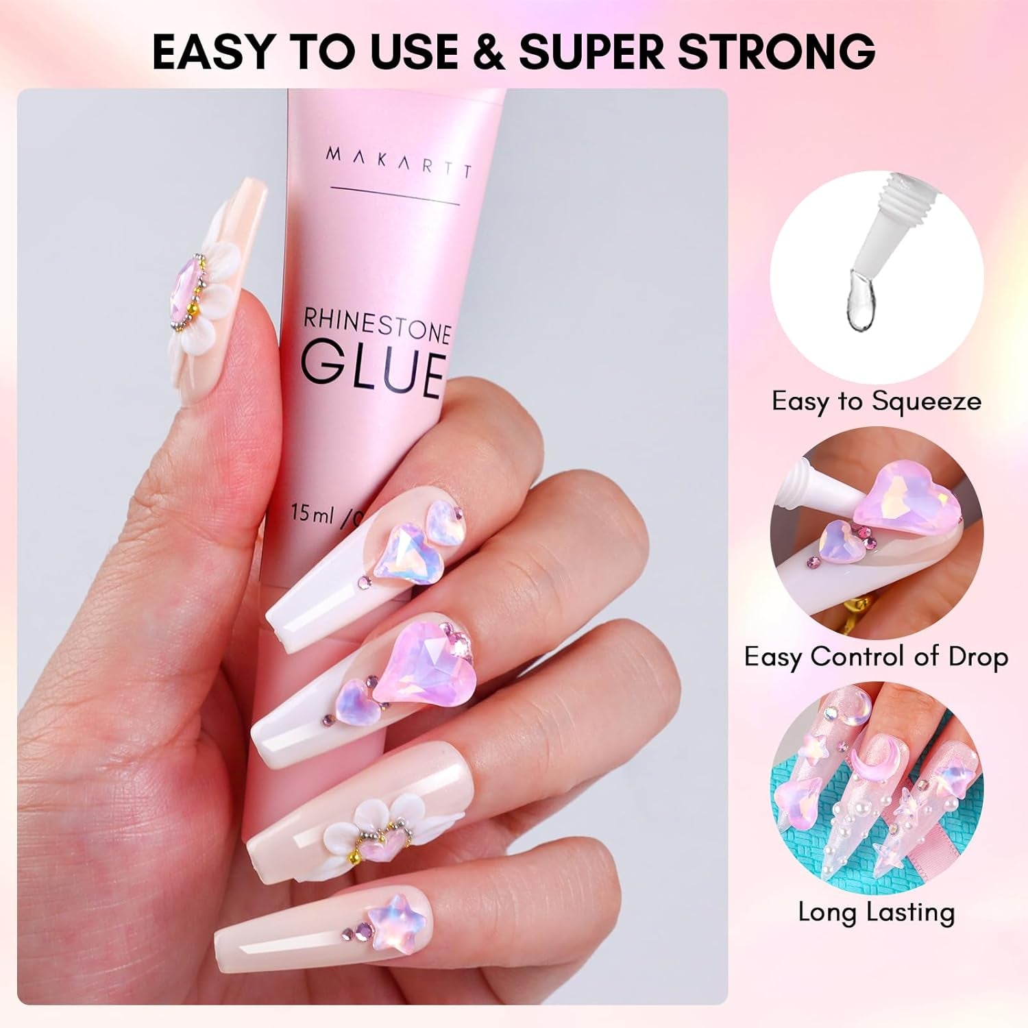 Makartt Nail Charms Rhinestone Glue Kit, 15Ml Gel with 100PCS Pink Rhinestones Gems 3D Decor with Tweezer Acrylic Supply for Nails Techs
