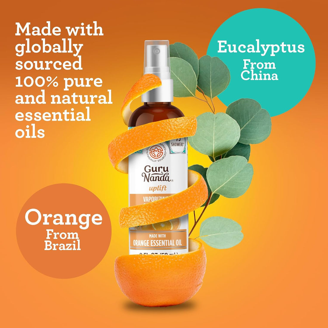 Gurunanda Uplift Vaporizing Shower Spray, Natural Spa Mist &amp; Room Spray with Orange &amp; Eucalyptus to Help in Mood Enhancement &amp; Congestion Aid, 2 Fl Oz
