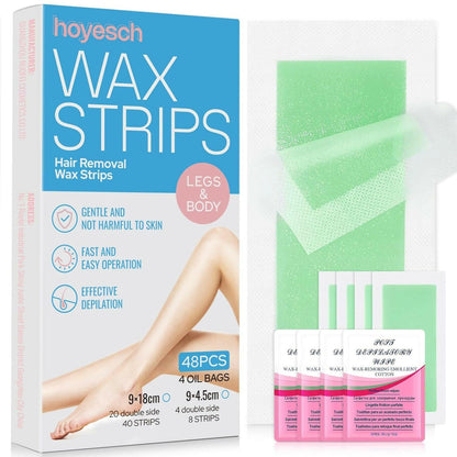 48Wax Strips - Wax Strips for Hair Removal - Facial Hair Removal for Women - Waxing Kit for Face, Body, Arms, Legs, Chest, Back, Bikini &amp; Brazilian 48Ct Waxing Strips &amp; 4Calming Oil Wipes - Glow Pure