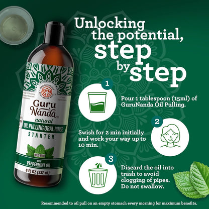 Gurunanda Starter Pulling Oil Mouthwash for Natural Teeth Whitening, Coconut and Peppermint Oil for Fresh Breath &amp; Happy Gums, Alcohol-Free, 8 Oz