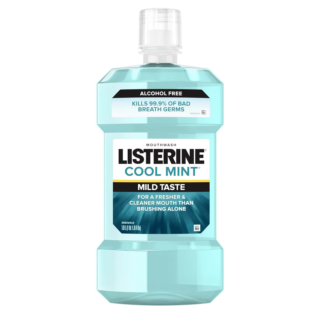 Listerine Cool Mint Alcohol Free Mouthwash, Oral Rinse to Kill 99.9% of Germs That Cause Bad Breath for Fresh Breath &amp; Clean Mouth, Less Intense Taste, Cool Mint Flavor, 1 L