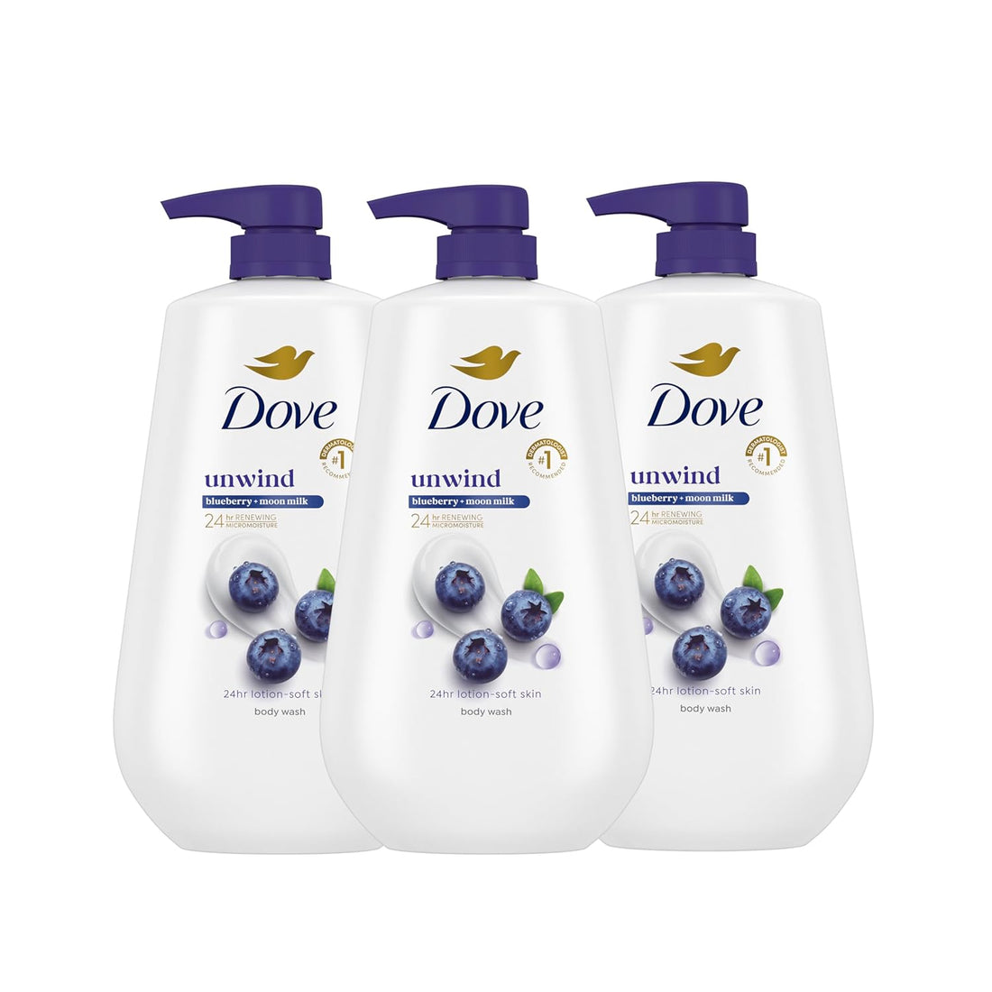 Dove Body Wash for 24Hr Lotion-Soft Skin 3 Count Unwind Blueberry &amp; Moon Milk Moisturizing Skin Cleanser with No Sulfates No Parabens