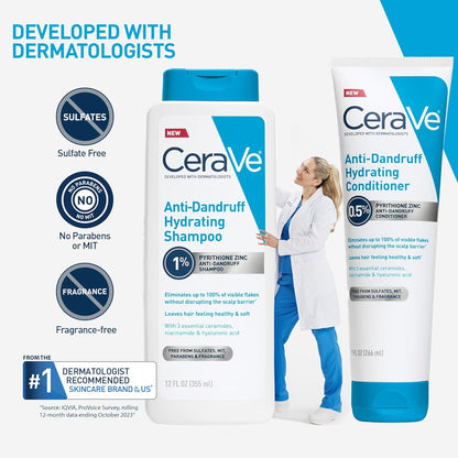 Cerave Hydrating anti Dandruff Shampoo, 1% Pyrithione Zinc Dandruff Treatment with Ceramides, Niacinamide &amp; Hyaluronic Acid, Helps Eliminate Flakes &amp; Provides Itchy Scalp Relief, Sulfate Free, 12 Oz