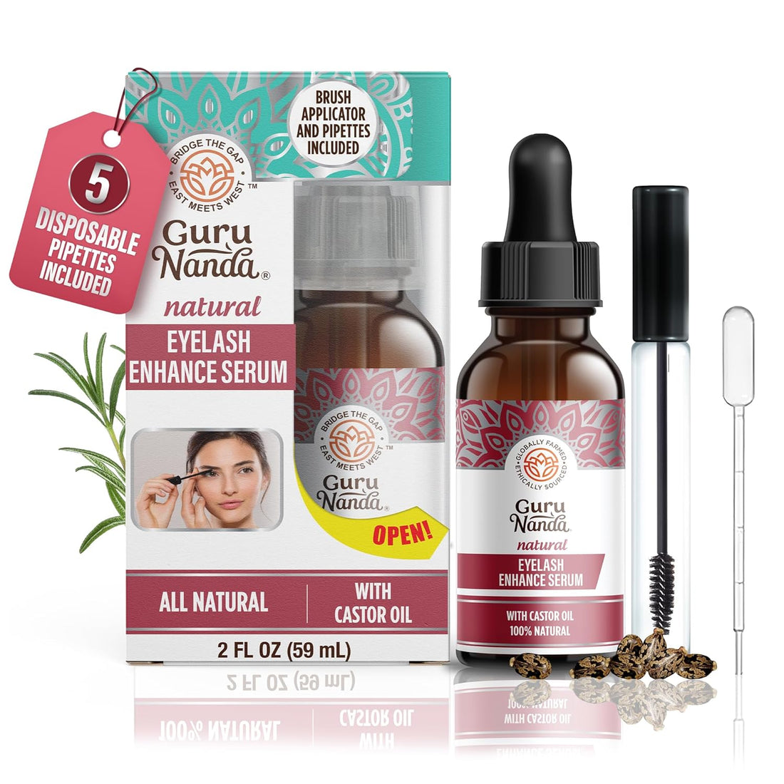 Gurunanda Natural Castor Oil Eyelash Enhance Serum with Rosemary Oil - Brush Applicator &amp; 5 Pipettes, Helps Natural Hair Growth for Eyebrows &amp; Beards, 2 Fl Oz