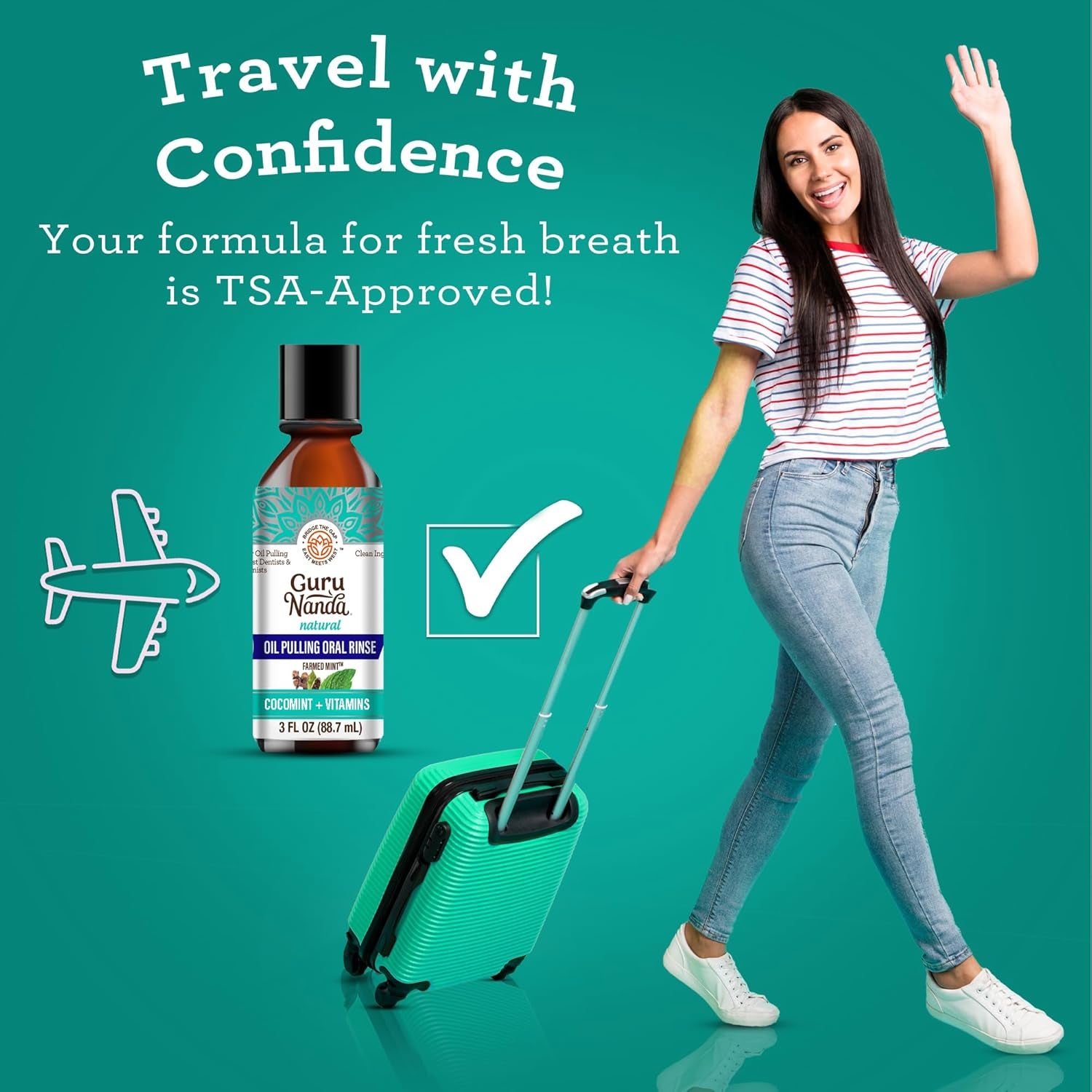 Gurunanda Travel Size Coconut Oil Pulling, 7 Essential Oils &amp; Vitamins, Promotes Fresh Breath &amp; Happy Gums, No Alcohol &amp; Fluoride, 3 Oz