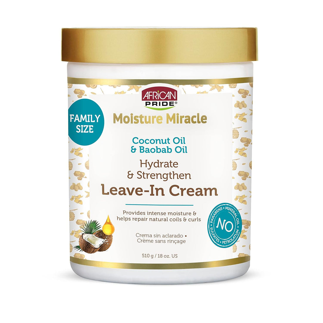 African Pride Moisture Miracle Coconut Oil &amp; Baobab Oil Leave-In Hair Cream - Provides Intense Moisture &amp; Helps Repair Natural Coils &amp; Curls, Hydrates &amp; Strengthens, 18 Oz