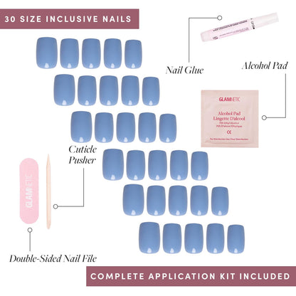 Glamnetic Press on Nails - Cashmere Blue | Opaque Soft Pale Blue Short Squoval False Nails, Reusable Stick on Fake Nails with Glue | Salon Quality | 15 Sizes - 30 Nail Kit