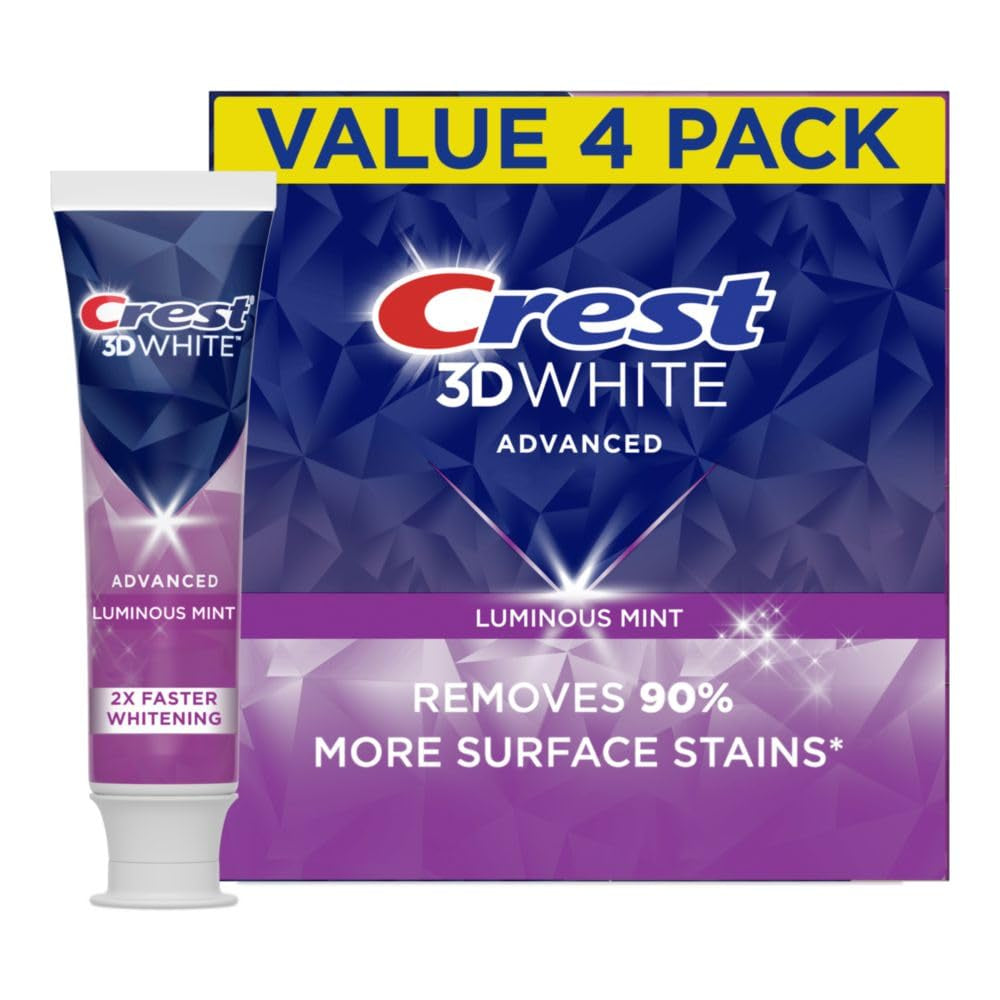 Crest 3D White Advanced Luminous Mint Teeth Whitening Toothpaste, Crest Toothpaste, 3.7 Oz Pack of 4 - Helps Remove Surface Stains, Whitens Teeth, Strengthens Tooth Enamel, Protects against Cavities