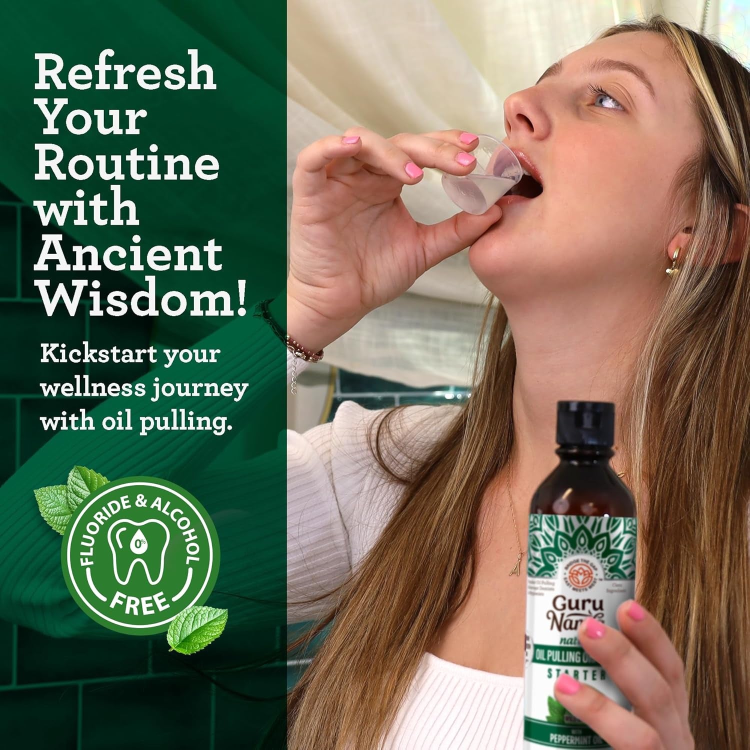 Gurunanda Starter Pulling Oil Mouthwash for Natural Teeth Whitening, Coconut and Peppermint Oil for Fresh Breath &amp; Happy Gums, Alcohol-Free, 8 Oz