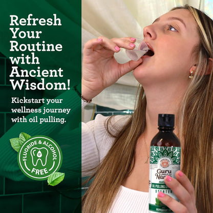 Gurunanda Starter Pulling Oil Mouthwash for Natural Teeth Whitening, Coconut and Peppermint Oil for Fresh Breath &amp; Happy Gums, Alcohol-Free, 8 Oz
