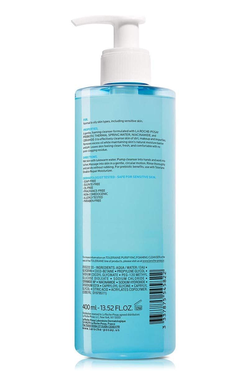 La Roche-Posay Toleriane Purifying Foaming Facial Cleanser, Niacinamide + Ceramides + Prebiotic Thermal Water, Oil Free Face Wash for Oily Skin, Pore Cleanser Safe for Sensitive Skin, Soap Free