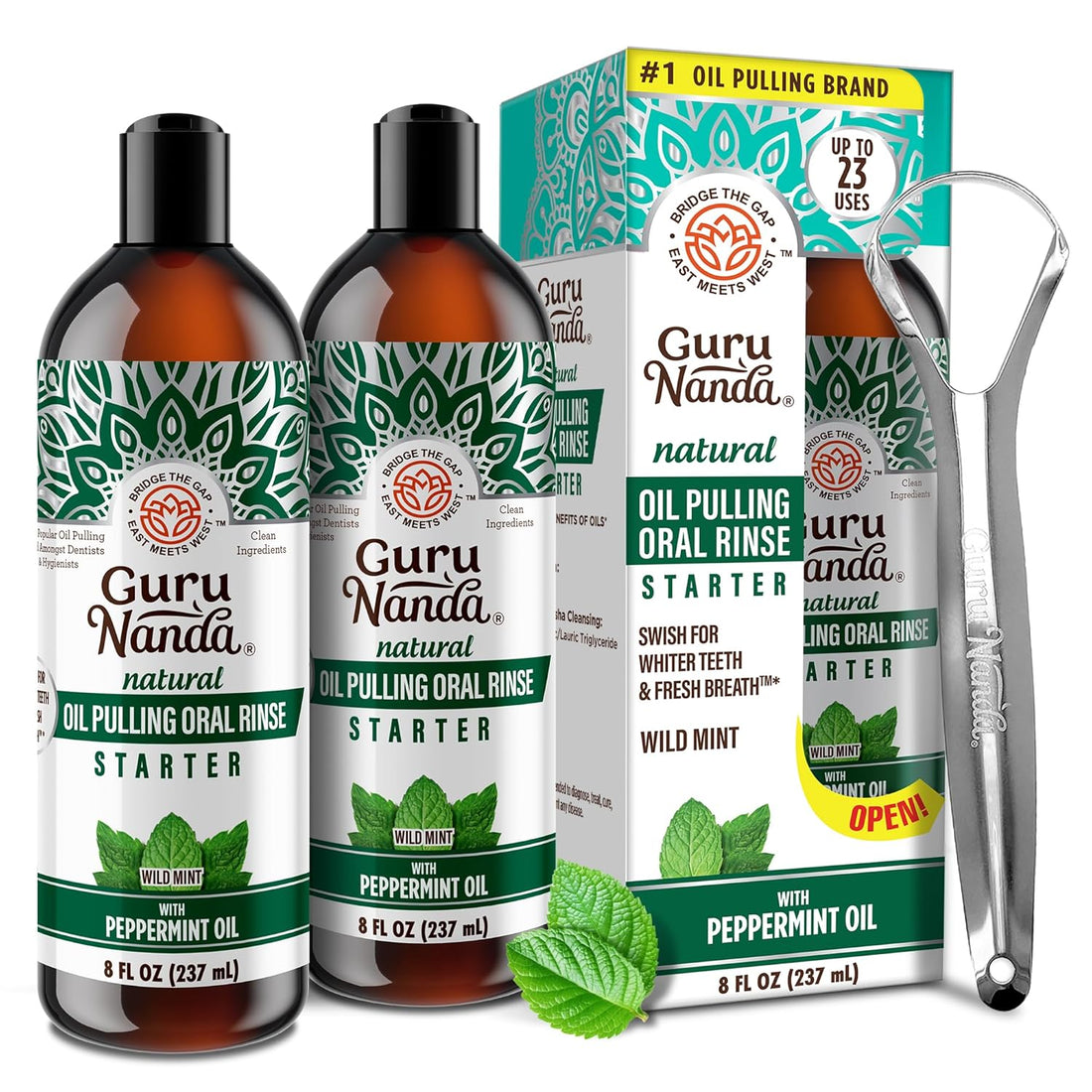 Gurunanda Starter Pulling Oil Mouthwash for Natural Teeth Whitening, Coconut and Peppermint Oil for Fresh Breath &amp; Happy Gums, Alcohol-Free, 2X8 Oz