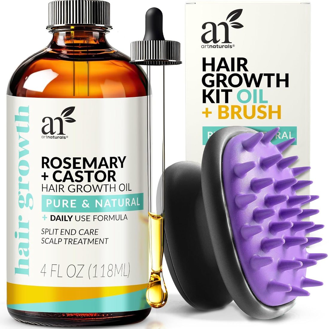 Artnaturals Organic Rosemary &amp; Castor Hair Growth Oil + Scalp Massager Set – Hair Styling Oils for Dry, Itchy Scalp, Thickening &amp; Hydration - Scalp Oil Products for Damaged Hair &amp; Split Ends – 4.0 Oz