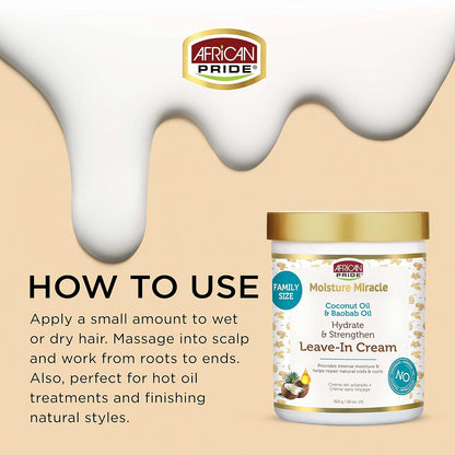 African Pride Moisture Miracle Coconut Oil &amp; Baobab Oil Leave-In Hair Cream - Provides Intense Moisture &amp; Helps Repair Natural Coils &amp; Curls, Hydrates &amp; Strengthens, 18 Oz