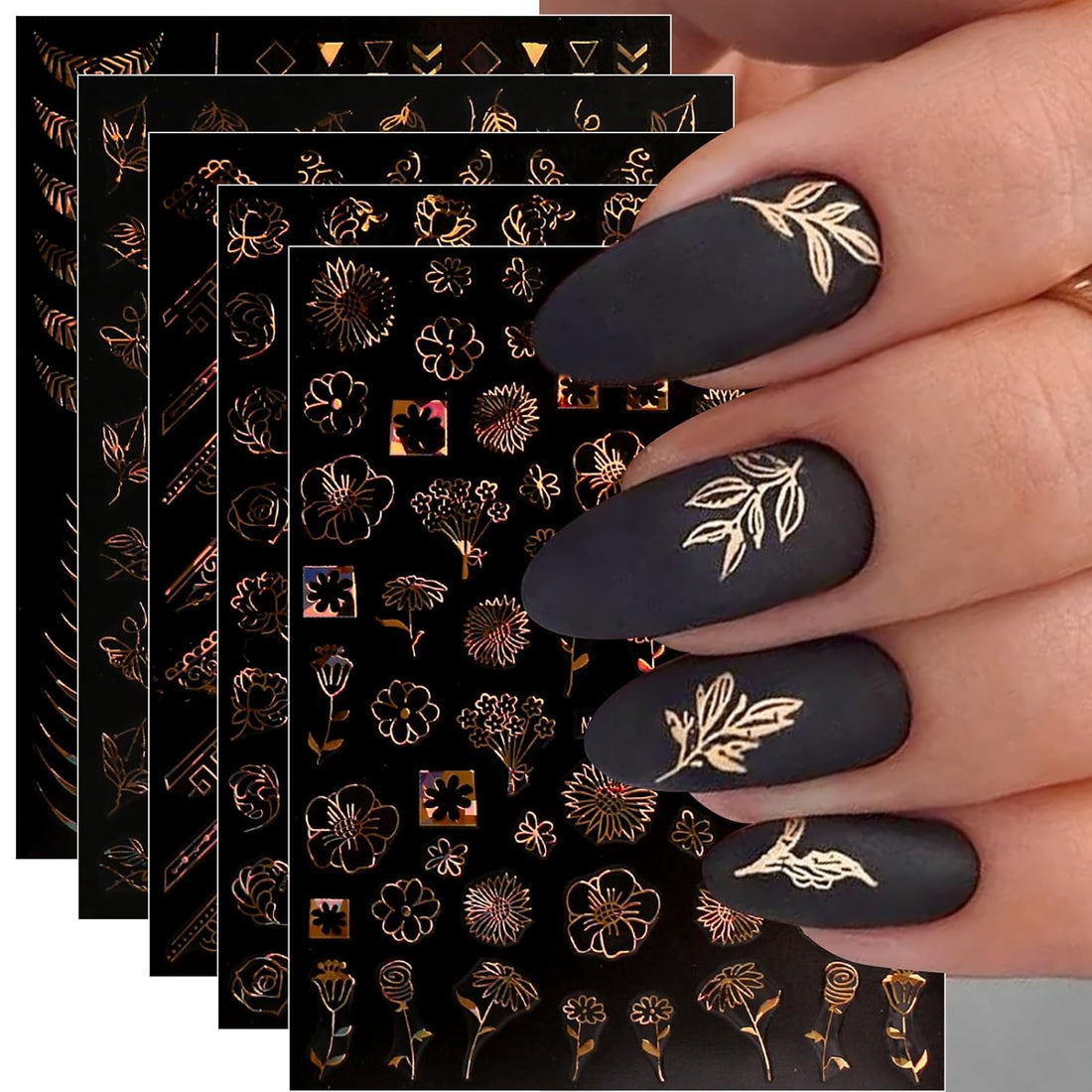 12 Sheets Spring Flower Nail Art Stickers Decals Self-Adhesive Pegatinas Uñas Summer Floral Gold Nail Supplies Nail Art Design Decoration Accessories