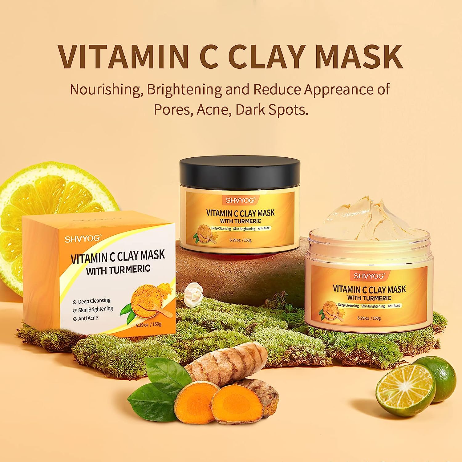 Vitamin C Face Mask with Kaolin Clay and Turmeric for Dark Spots, Dull Skin, Skincare Facial Mask for Controlling Oil and Refining Pores 5.29 Oz