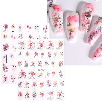 12 Sheets Spring Flower Nail Art Stickers Decals Self-Adhesive Pegatinas Uñas Leaves Nail Supplies Nail Art Design Decoration Accessories