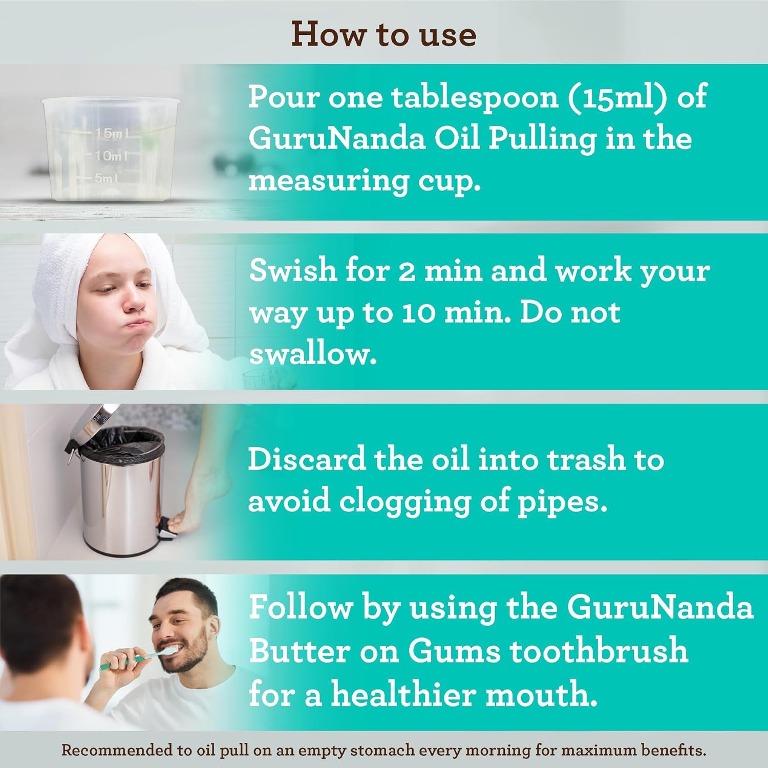 Gurunanda Cocomint Oil Pulling Mouthwash for Complete Oral Hygiene, 7 Essential Oils &amp; Vitamins for Happy Teeth &amp; Gums &amp; Fresh Breath, Alcohol-Free, 16 Oz