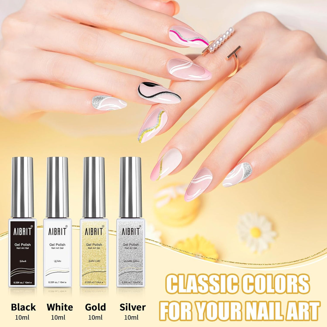 Gel Liner Art Polish Set 10Ml, 4 Colors Black White Gold Silver Design Paint with Thin Brush in Bottle for Swirl/ Euphoria French Tips Manicure Painting DIY at Home