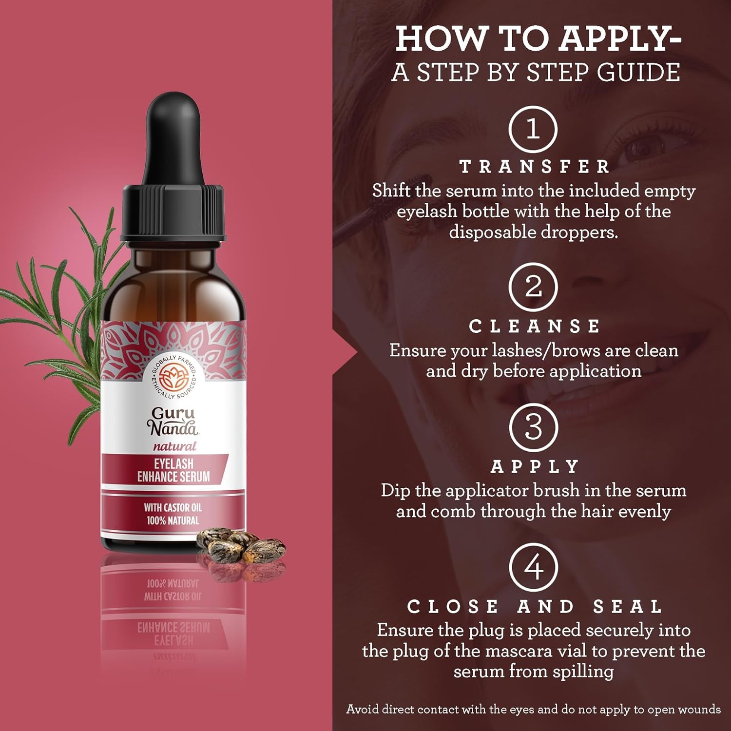 Gurunanda Natural Castor Oil Eyelash Enhance Serum with Rosemary Oil - Brush Applicator &amp; 5 Pipettes, Helps Natural Hair Growth for Eyebrows &amp; Beards, 2 Fl Oz