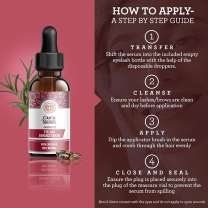 Gurunanda Natural Castor Oil Eyelash Enhance Serum with Rosemary Oil - Brush Applicator &amp; 5 Pipettes, Helps Natural Hair Growth for Eyebrows &amp; Beards, 2 Fl Oz