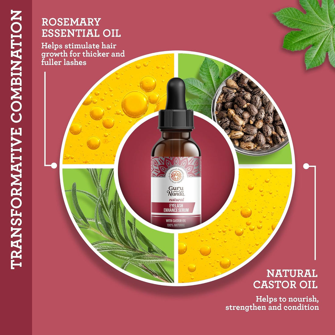 Gurunanda Natural Castor Oil Eyelash Enhance Serum with Rosemary Oil - Brush Applicator &amp; 5 Pipettes, Helps Natural Hair Growth for Eyebrows &amp; Beards, 2 Fl Oz