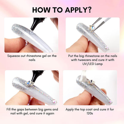 Makartt Nail Charms Rhinestone Glue Kit, 15Ml Gel with 100PCS Pink Rhinestones Gems 3D Decor with Tweezer Acrylic Supply for Nails Techs