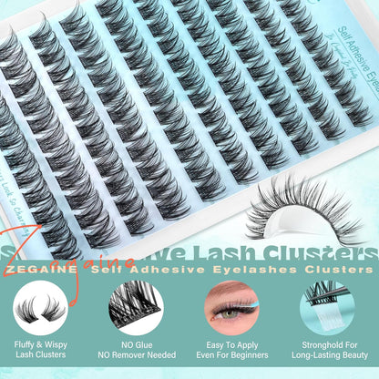 Self Adhesive Lash Clusters Natural Self Adhesive Eyelashes Glueless Lashes Cat Eye Pre Glued Lashes Reusable Wispy Cluster Lashes No Glue Needed Fluffy Self Adhesive Lashes 10-16MM by Zegaine