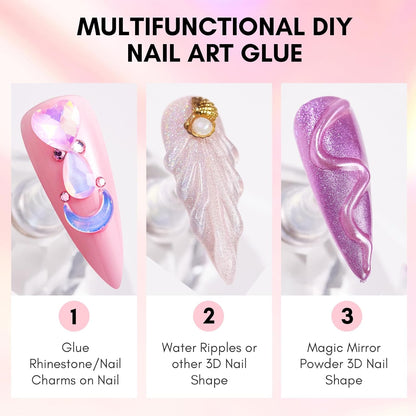 Makartt Nail Charms Rhinestone Glue Kit, 15Ml Gel with 100PCS Pink Rhinestones Gems 3D Decor with Tweezer Acrylic Supply for Nails Techs