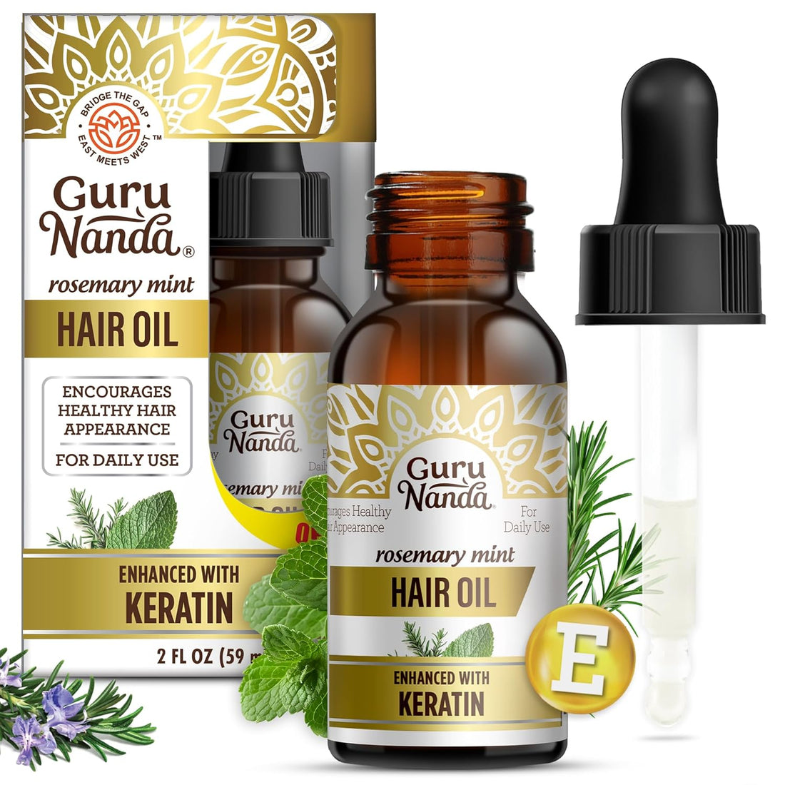 Gurunanda Rosemary Mint for Hair Growth with Keratin &amp; Vitamin E Oil - Encourages Scalp, Shine &amp; Hair Strengthening- 100% Natural, Cruelty-Free, 2Oz