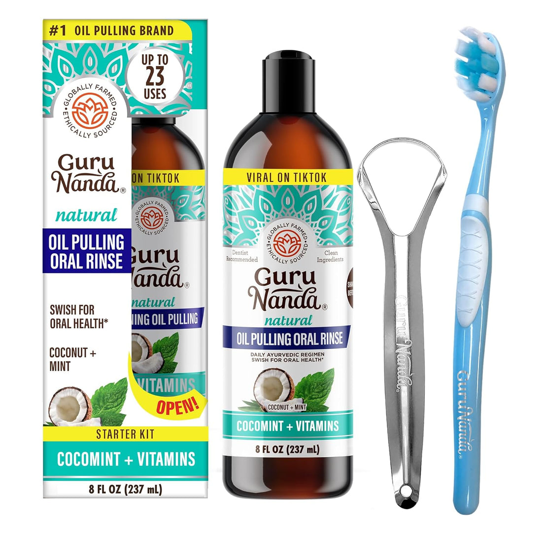 Gurunanda Cocomint Oil Pulling Mouthwash for Complete Oral Hygiene, 7 Essential Oils &amp; Vitamins for Happy Teeth &amp; Gums &amp; Fresh Breath , Alcohol-Free, 8 Oz