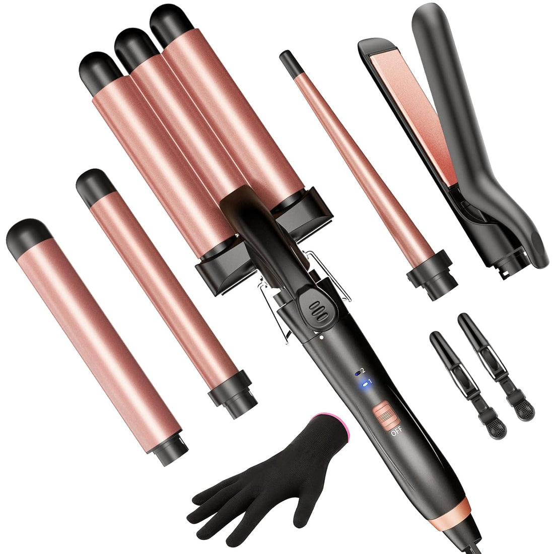 5 in 1 Wand Curling Iron-Kinked Curling Wand Set with Flat Iron Hair Straightener, 3 Barrels Hair Crimper, 3 Ceramic Curling Irons (0.35&quot;-1.25&quot;), 2 Temps Fast Heat Hair Waver Curler with Glove &amp; Clip