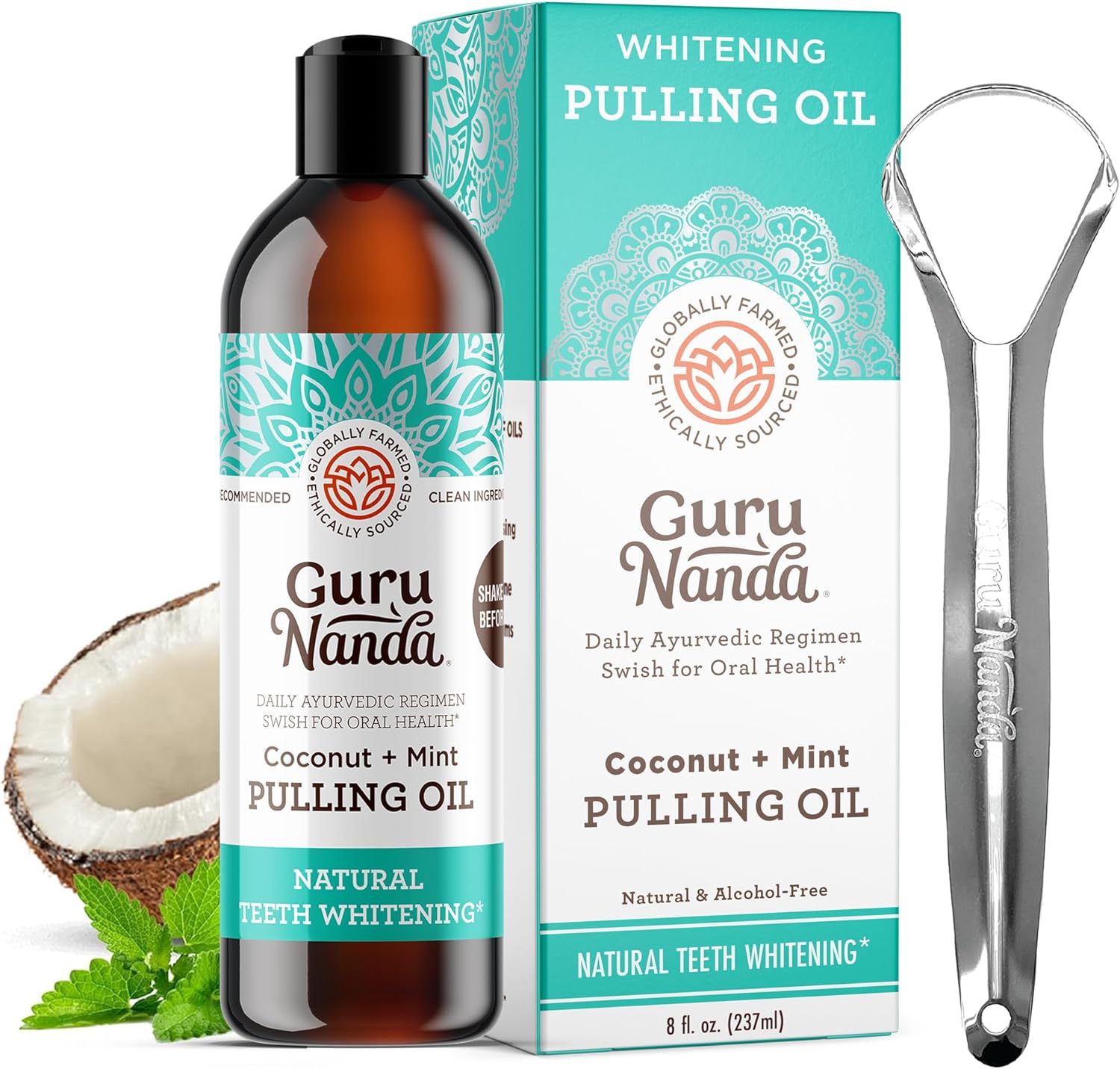 Coconut &amp; Peppermint Oil Pulling (8 Fl.Oz) with Tongue Scraper - Alcohol Free Mouthwash for Fresh Breath, White Teeth &amp; Healthy Teeth &amp; Gums
