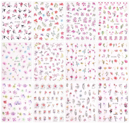 12 Sheets Spring Flower Nail Art Stickers Decals Self-Adhesive Pegatinas Uñas Leaves Nail Supplies Nail Art Design Decoration Accessories