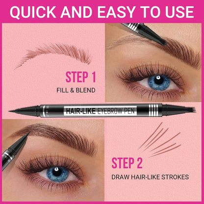 Microblading Eyebrow Pen - Eyebrow Pencil Magical 2-In-1 Dual-Ended Eye Brow Pencils for Women with 4-Fork-Tip &amp; Precise Brush-Tip Create Natural Hair-Like Brows, Last All-Day, Dark Brown