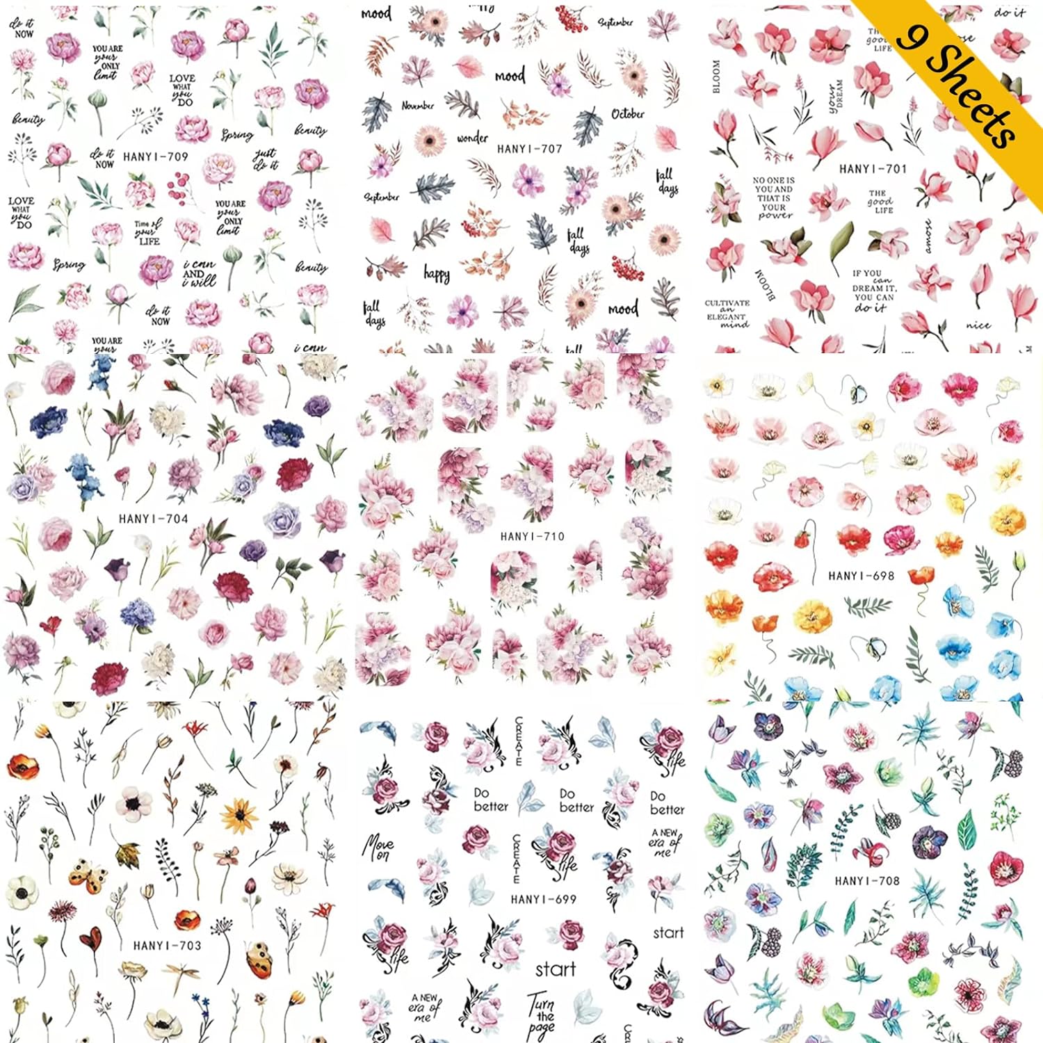 9 Sheets Flower Nail Art Stickers Decals 3D Self-Adhesive Nail Decals Spring Floral Nail Art Supplies Charming Daisy Leave Peony Nail Accessories for Women Nail Decorations Design