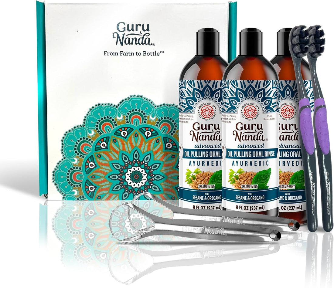 Gurunanda Advanced Oil Pulling with Tongue Scraper, Natural Alcohol Free Mouthwash with Coconut Oil, Vitamins D &amp; E for Teeth &amp; Gum Health (3X8 Fl Oz)