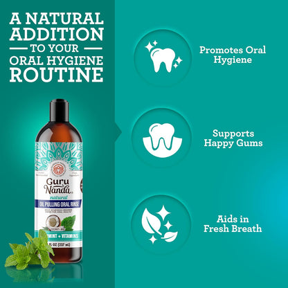 Gurunanda Cocomint Oil Pulling Mouthwash for Complete Oral Hygiene, 7 Essential Oils &amp; Vitamins for Happy Teeth &amp; Gums &amp; Fresh Breath , Alcohol-Free, 8 Oz