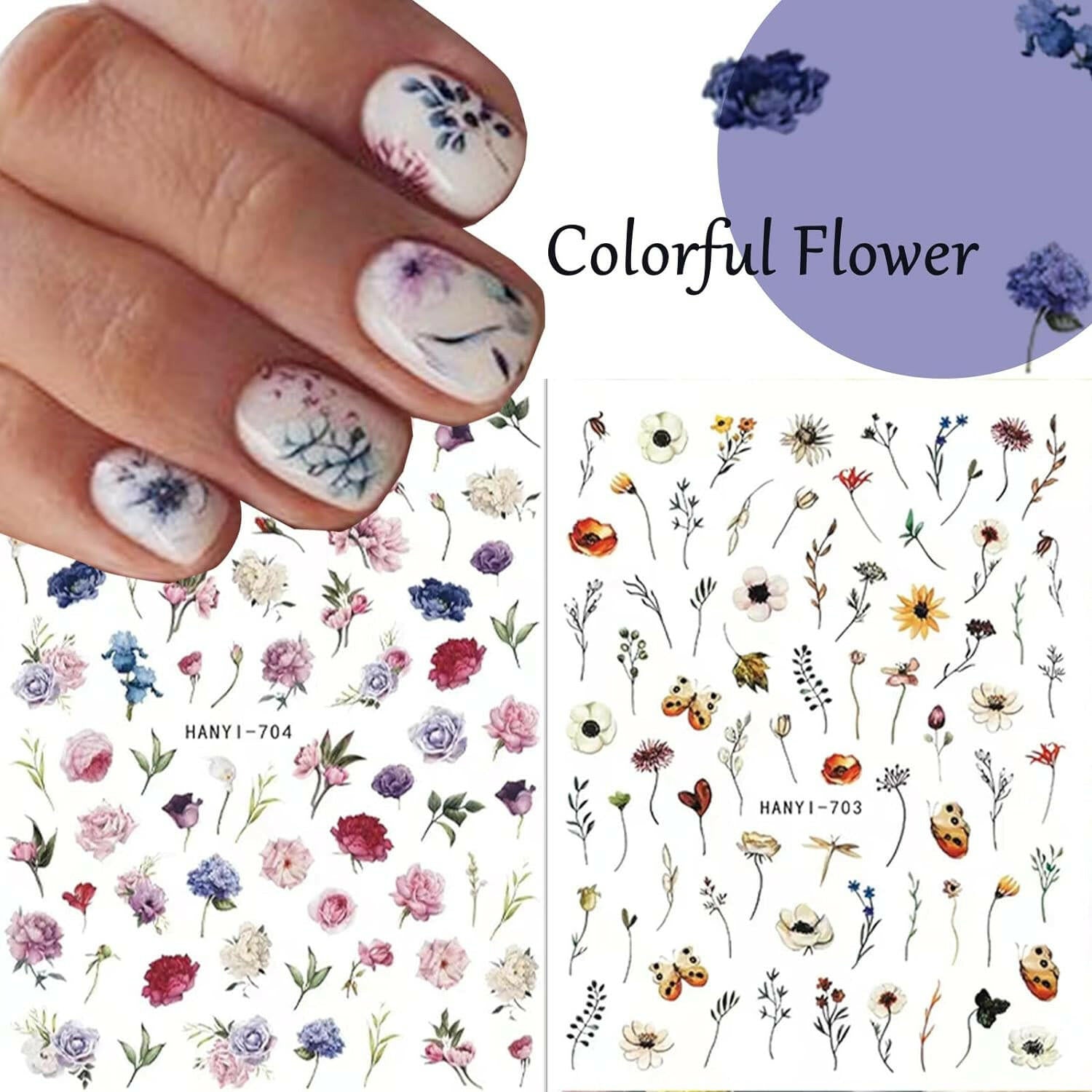 9 Sheets Flower Nail Art Stickers Decals 3D Self - Adhesive Nail Decals Spring Floral Nail Art Supplies Charming Daisy Leave Peony Nail Accessories for Women Nail Decorations Design - Glow Pure