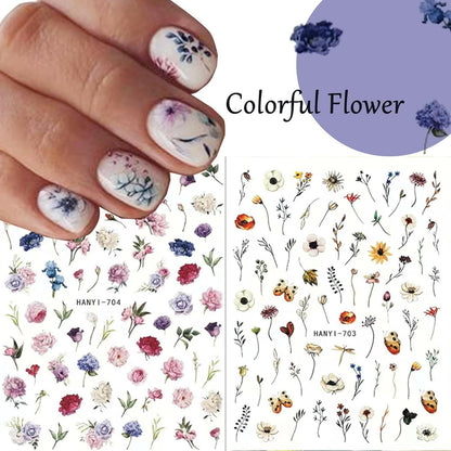 9 Sheets Flower Nail Art Stickers Decals 3D Self - Adhesive Nail Decals Spring Floral Nail Art Supplies Charming Daisy Leave Peony Nail Accessories for Women Nail Decorations Design - Glow Pure